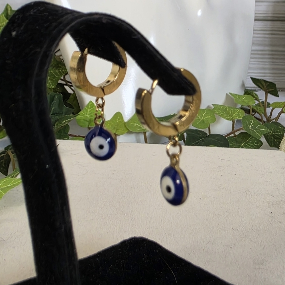 Gold Stainless Steel Huggie Hoop Earrings with Evil Eye Charm - Picture 6 of 17